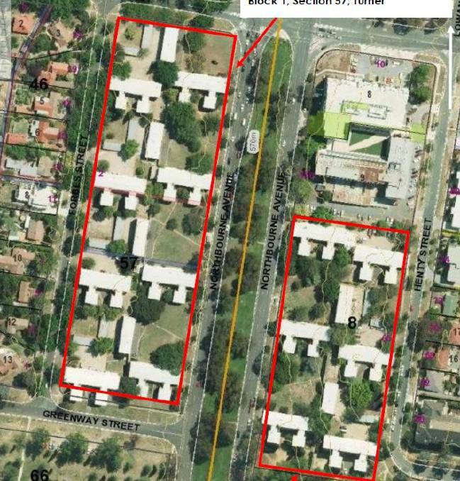 An aerial of Block 1 Section 68 and Block 4 Section 60, the former Northbourne flats which were put up for sale via tender last year. Photo: Supplied