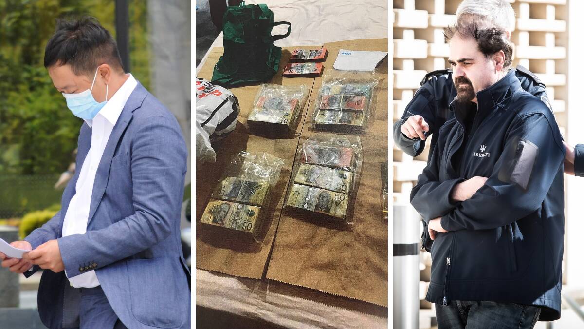 After Wing Leung, left, had cash, centre, seized from his home, he and James Mussillon, right, lied to police. Pictures by Blake Foden, supplied, Karleen Minney