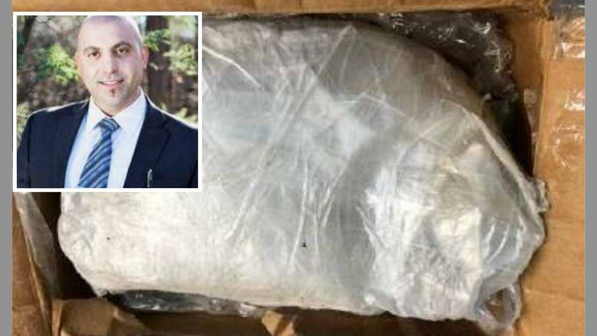 The package that allegedly contained imported methylamphetamine and, inset, real estate agent Gerardo Penna. Pictures: Australian Border Force, LinkedIn