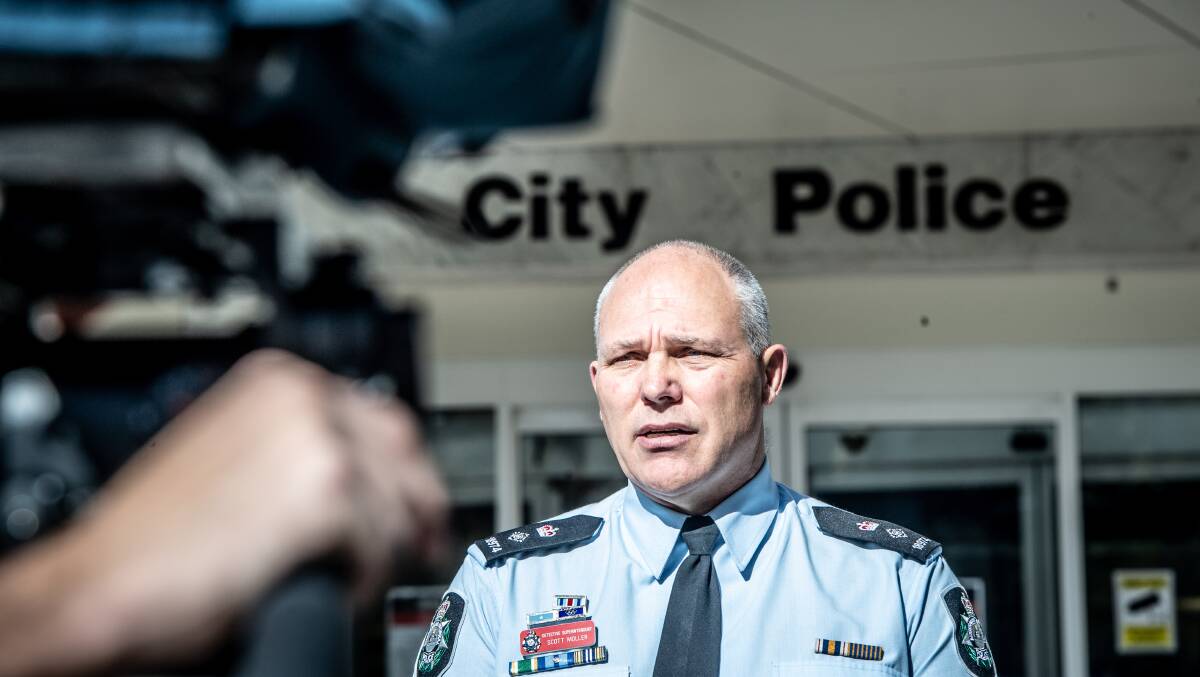 Detective Superintendent Scott Moller speaks to reporters outside City Police Station on Friday. Picture: Karleen Minney