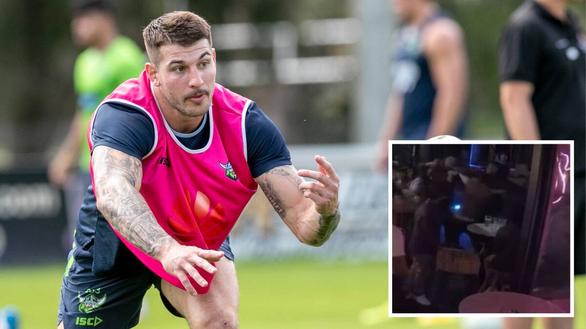 Raiders centre Curtis Scott at training and, inset, a still image from CCTV footage of the Kokomo's incident. Main picture: Keegan Carroll