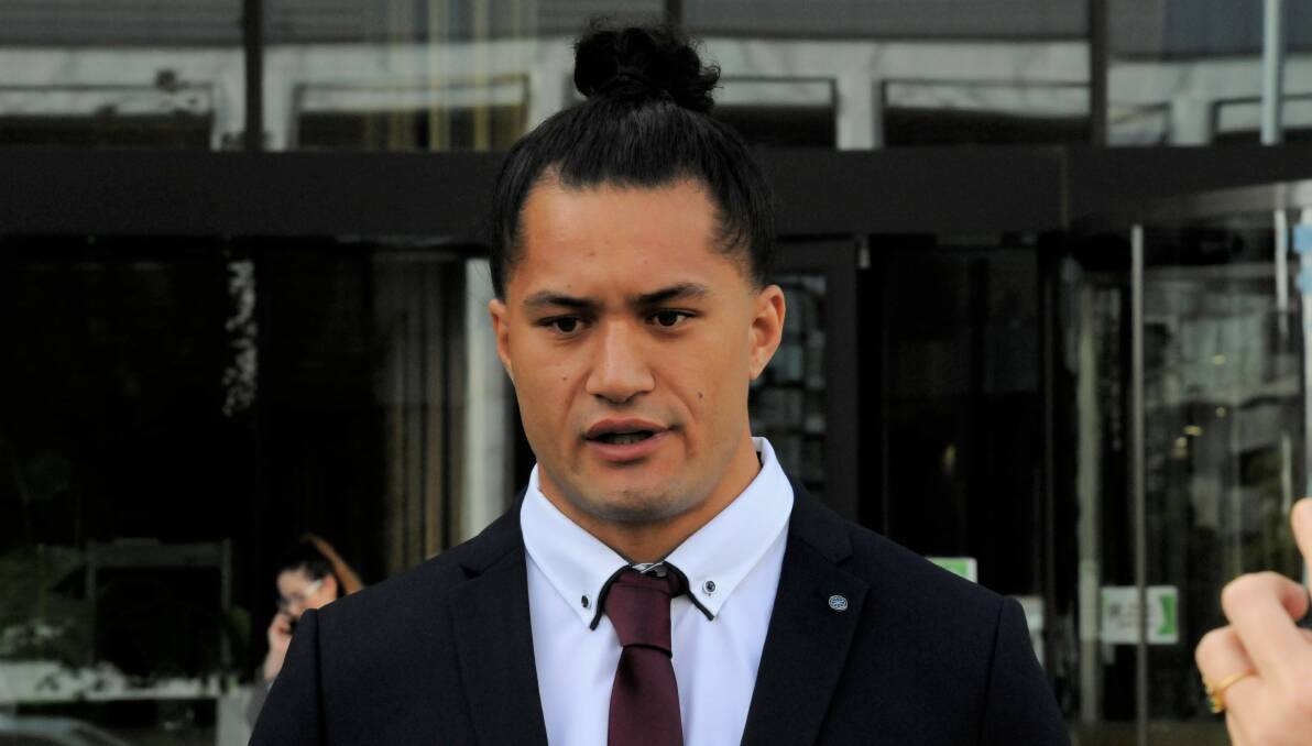 Raiders forward Corey Harawira-Naera fronts the cameras outside court. Picture: Blake Foden