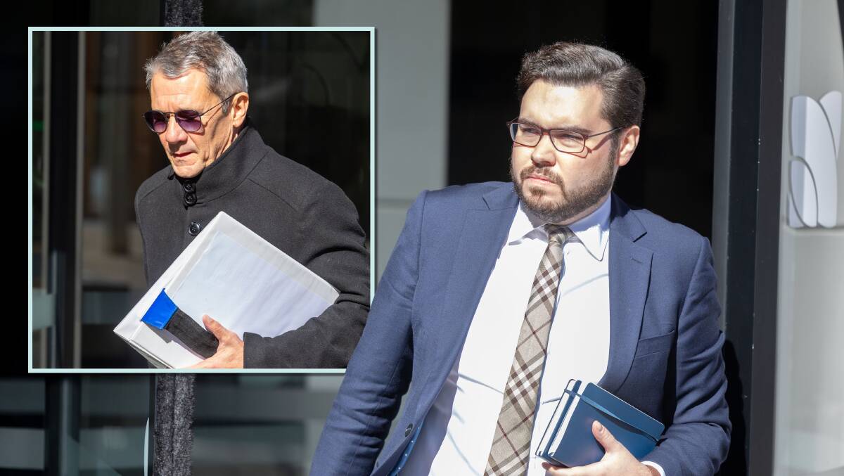 Bruce Lehrmann and, inset, Shane Drumgold SC outside the inquiry on Monday. Pictures by Gary Ramage