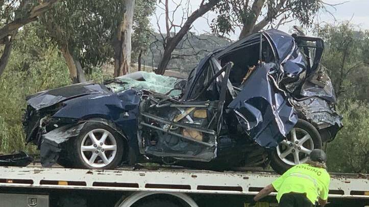 Victim Lachlan Seary's mangled car. Picture: Julia Kanapathippillai
