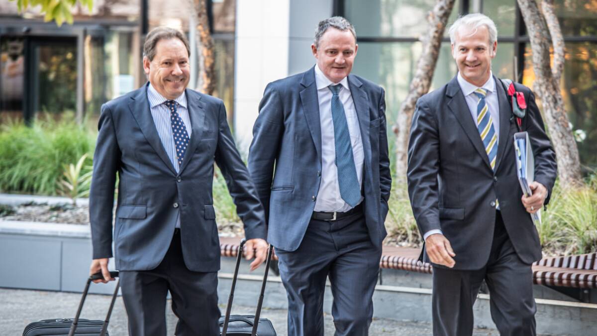 Steven Whybrow SC, centre, arrives at the inquiry to give evidence on Monday. Picture by Karleen Minney