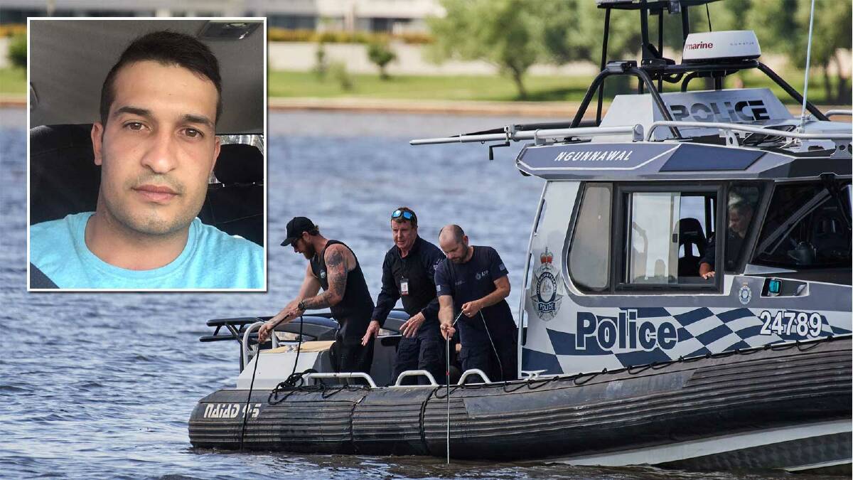 Police search Lake Burley Griffin after a man jumped in to evade officers. Inset: The alleged lake jumper, Joe Rose. Pictures: Matt Loxton, Facebook