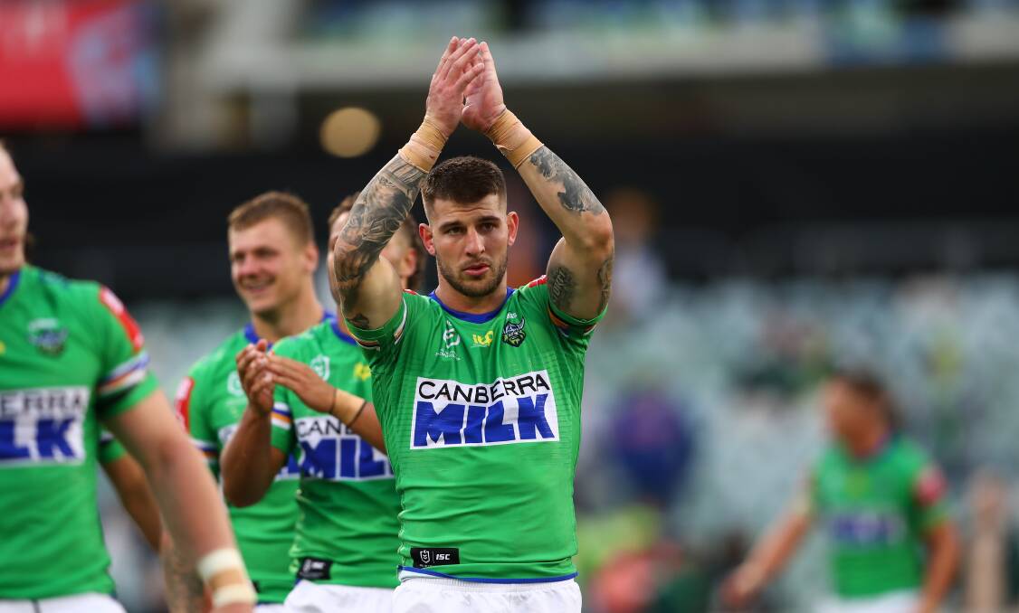 Raiders centre Curtis Scott applauds the crowd after the club's round one match against the Tigers. Picture: Keegan Carroll