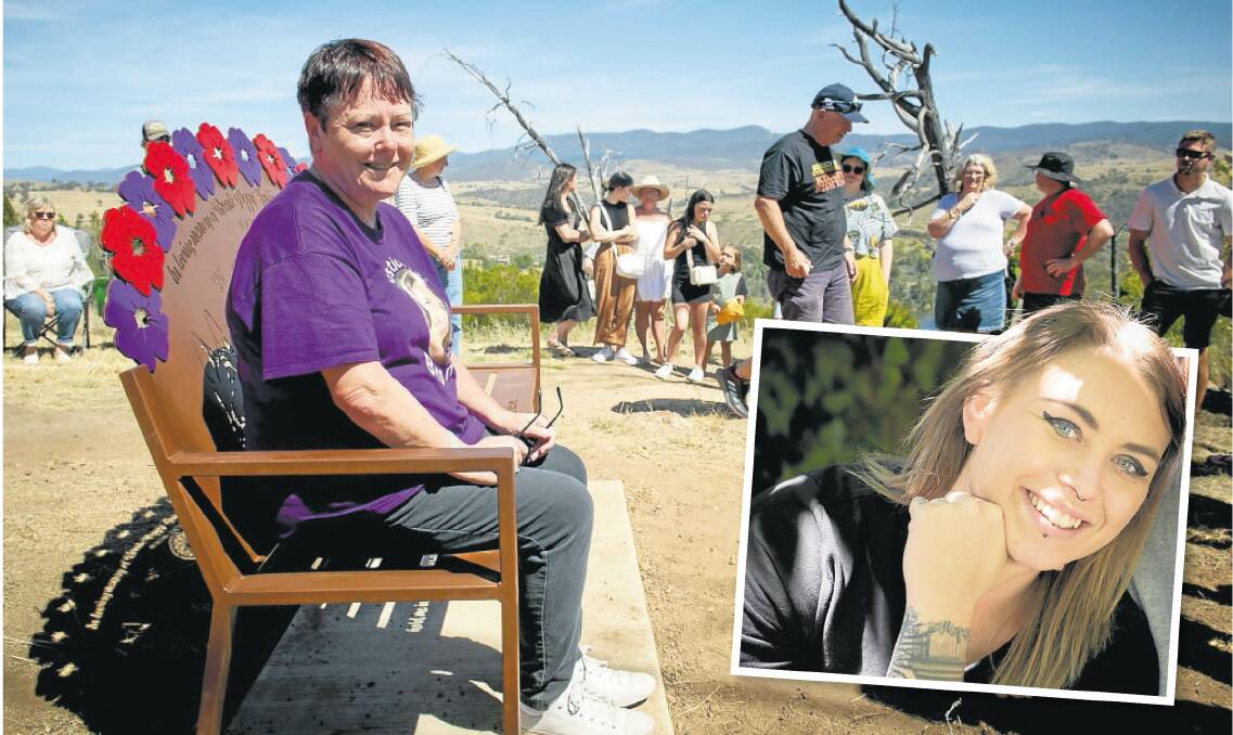 Janine Haskins sits on the memorial bench unveiled on Saturday in honour of her daughter Bronte, inset. Pictures by Elesa Kurtz, supplied