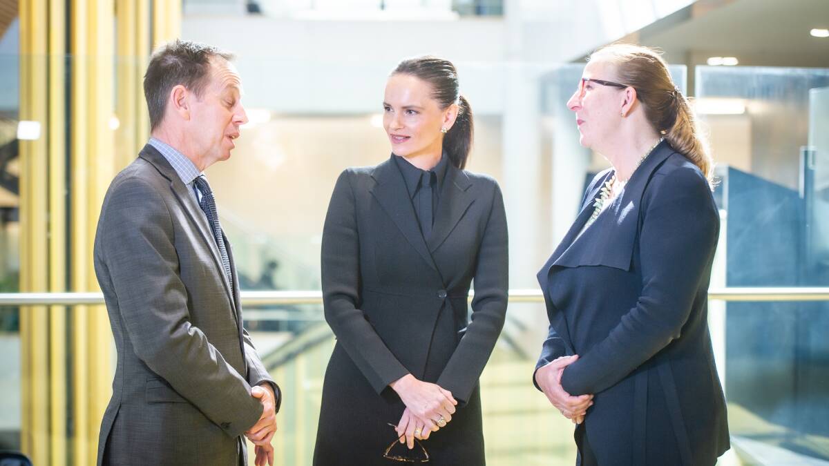 Attorney-General Shane Rattenbury speaks to incoming judge Louise Taylor and Chief Justice Lucy McCallum at the ACT Supreme Court on Wednesday. Picture by Karleen Minney