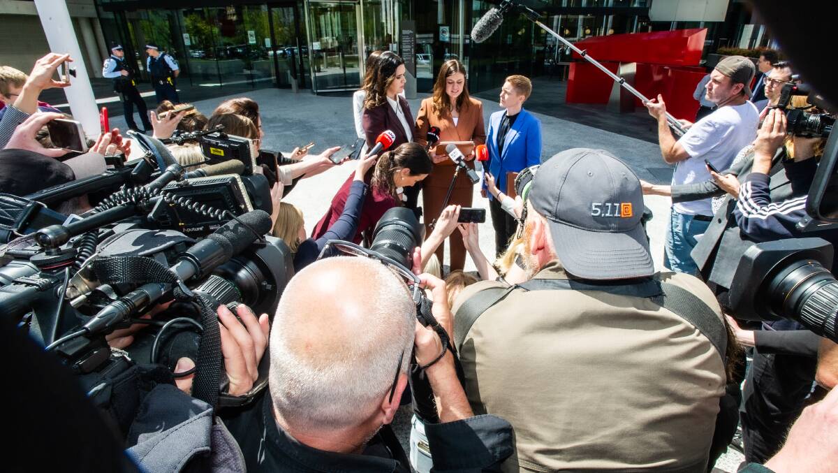 Brittany Higgins speaks to hordes of media outside court after Bruce Lehrmann's trial was aborted because of juror misconduct in October. Picture by Karleen Minney