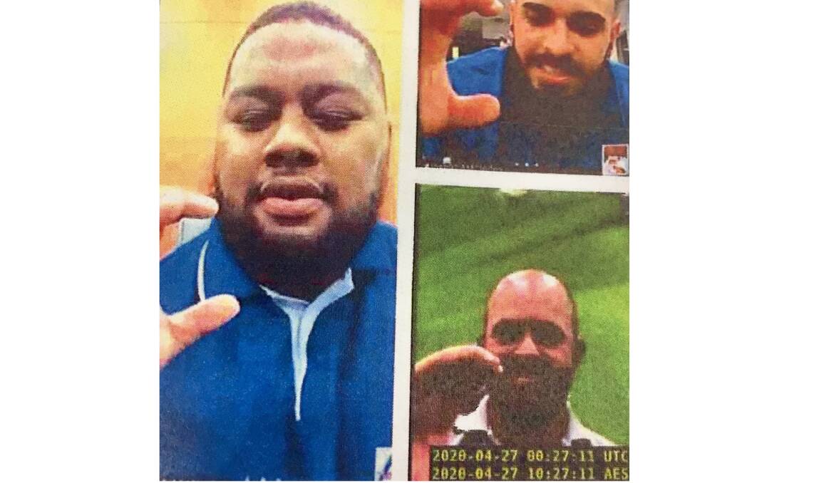 Aofangatuku Langi, left, Khaled Khoder, top, and Christopher Millington, bottom, flash a Comanchero gang sign during a video call in jail. Picture: Supplied