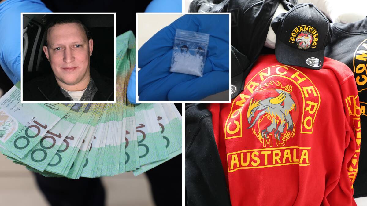 Cash, drugs and bikie gang paraphernalia were among the items seized last week when Joshua Cassie, top left, was arrested. Pictures supplied