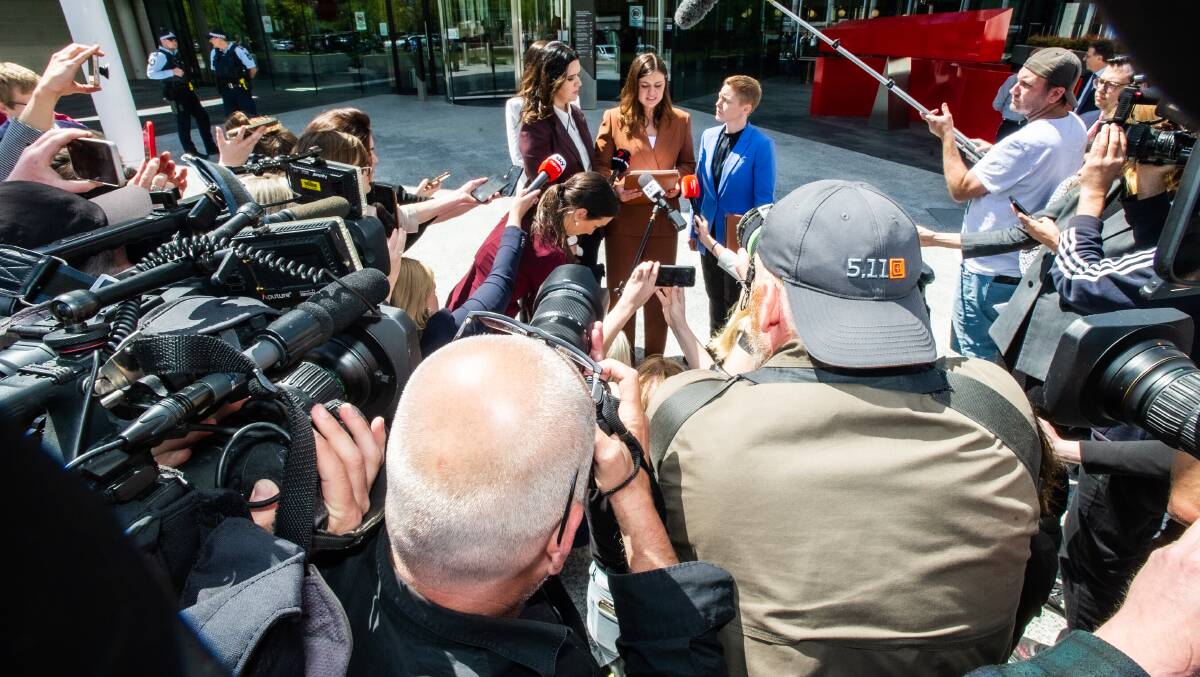 Brittany Higgins addresses the media during what was described on Friday as "the most publicised rape case, probably, in Australian history". Picture by Karleen Minney