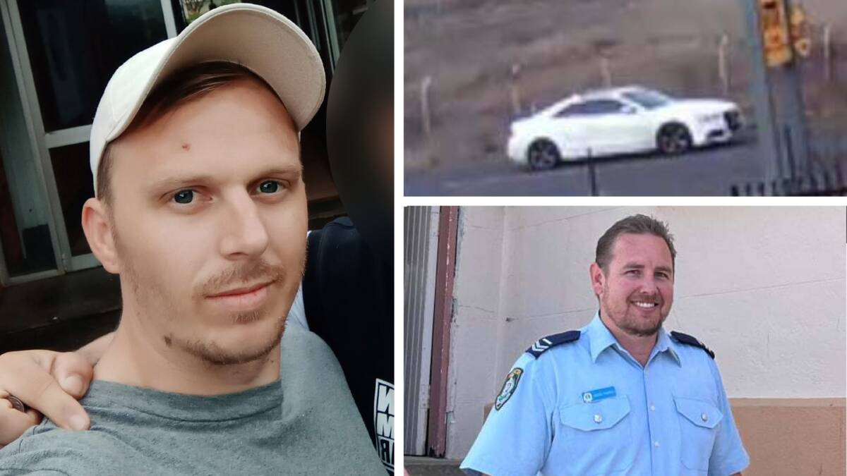 Stephen McCracken, left, ran over Senior Constable Jason Farrell, bottom right, with a stolen car, top right. Pictures from Facebook, NSW Police