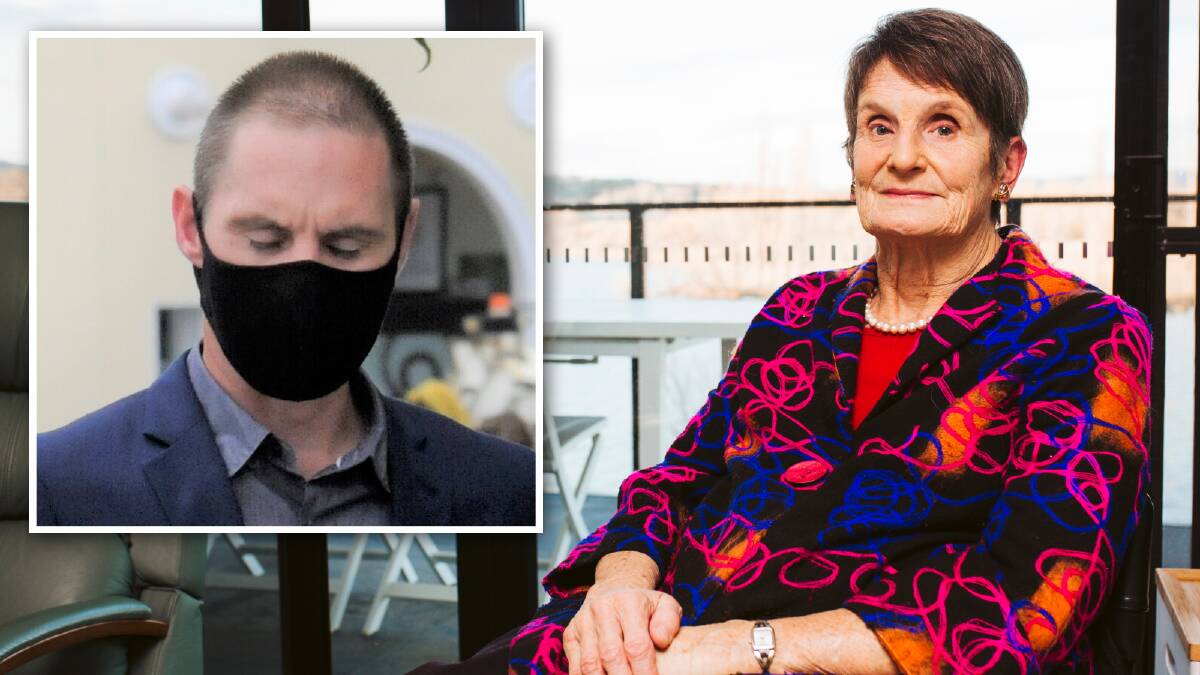 Victim Sue Salthouse and, inset, offender Mitchell Laidlaw. Pictures: Jamila Toderas, Blake Foden