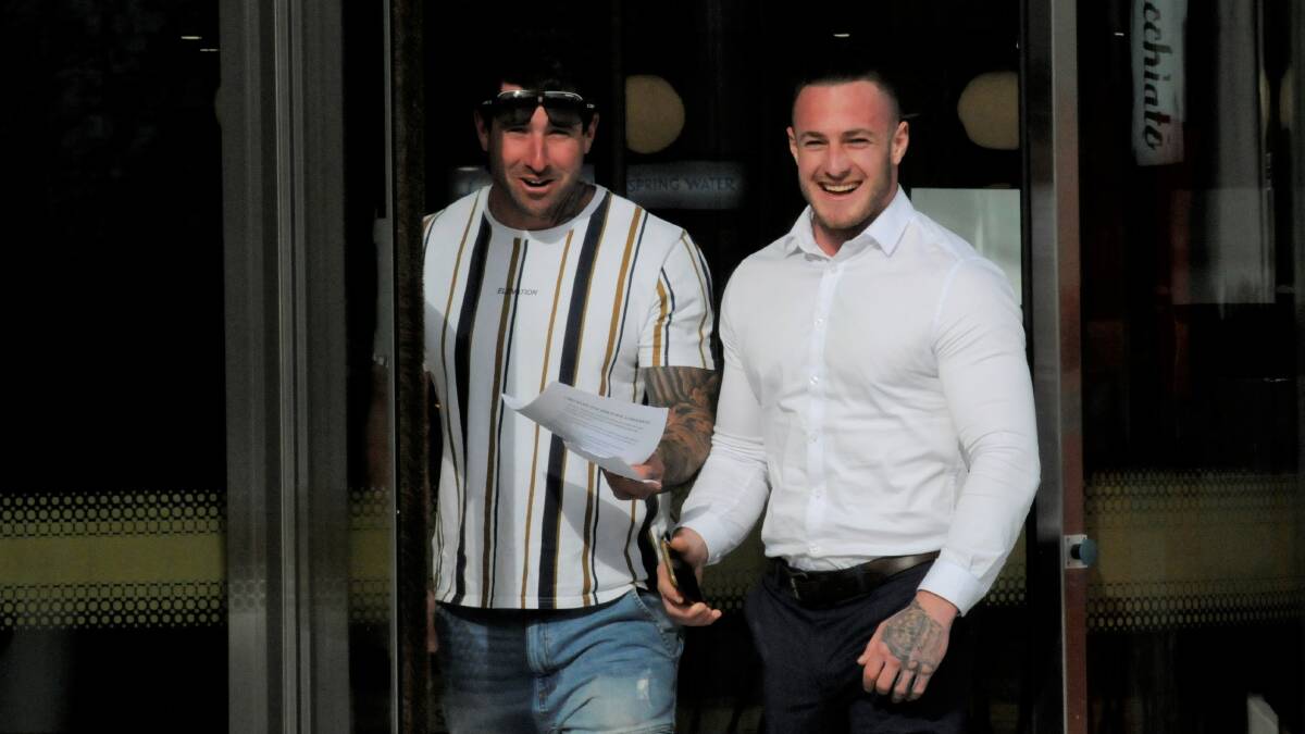 Dylan Crick, right, laughs as he leaves court on Tuesday. Picture: Blake Foden