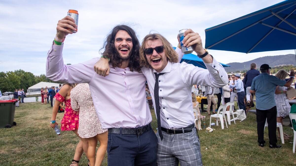 Tom Rankin and Will Thompson, of Spence, celebrate a win at Black Opal Stakes Day. Picture: Keegan Carroll