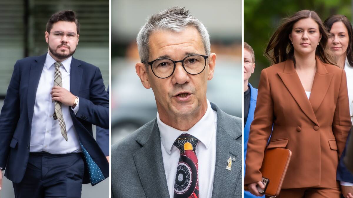 Prosecutor Shane Drumgold SC, centre, has dropped the charge levelled at Bruce Lehrmann, left, over the alleged rape of Brittany Higgins, right. Pictures by Karleen Minney