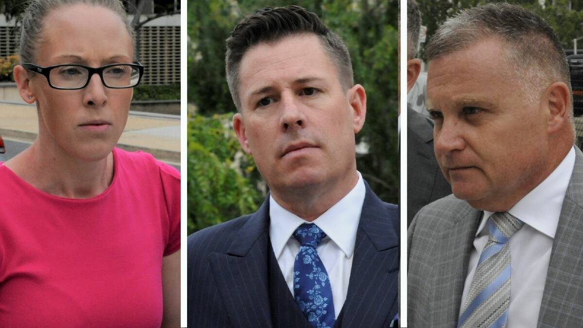 Bridie Harders, left, Ben Aulich, centre, and Michael Papandrea, right, arrive at court. Pictures: Blake Foden
