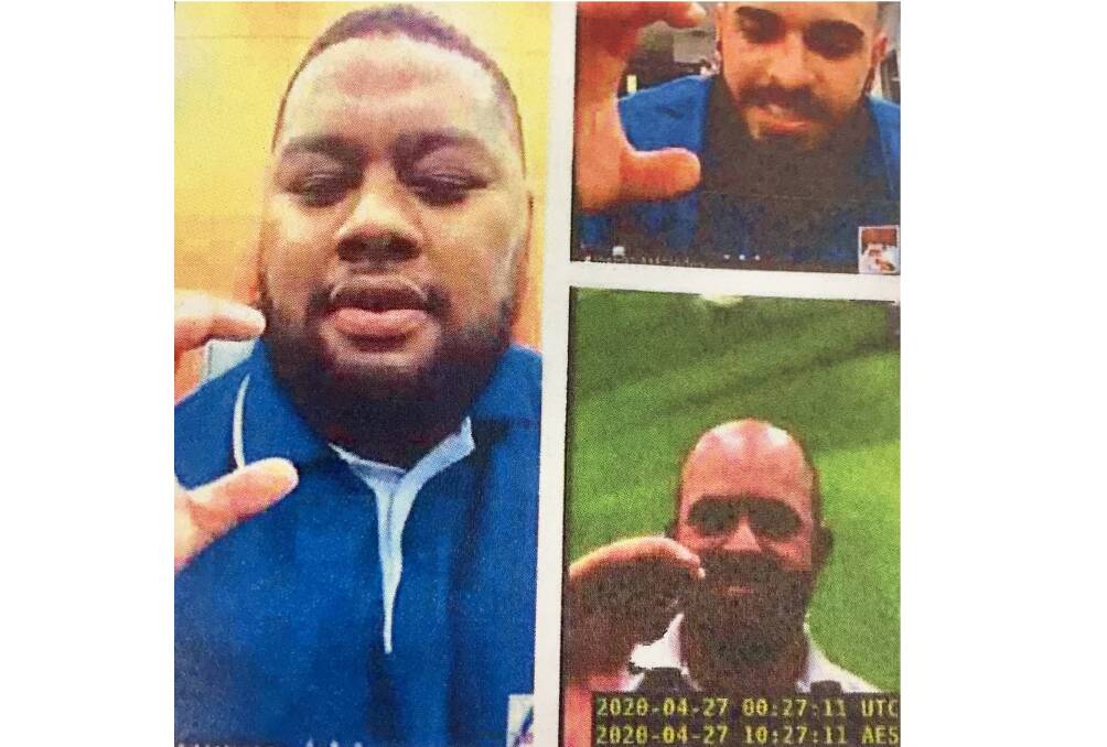 Christopher Millington, bottom right, flashes a Comanchero gang sign during a prison video call with Aofangatuku Langi, left, and Khaled Khoder, top right. Picture: Supplied