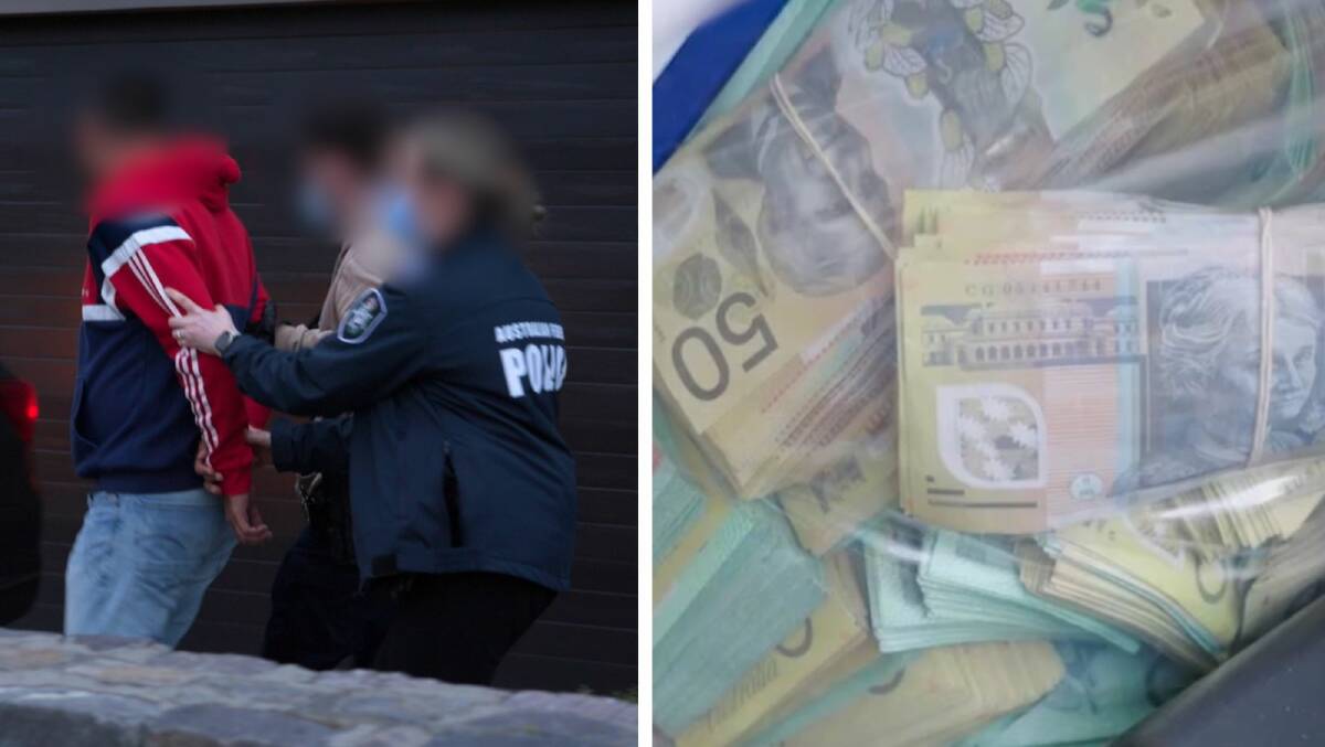 Karan Talwar, left, is arrested in connection with allegedly illicit cash, right, and other assets. Pictures: Australian Federal Police