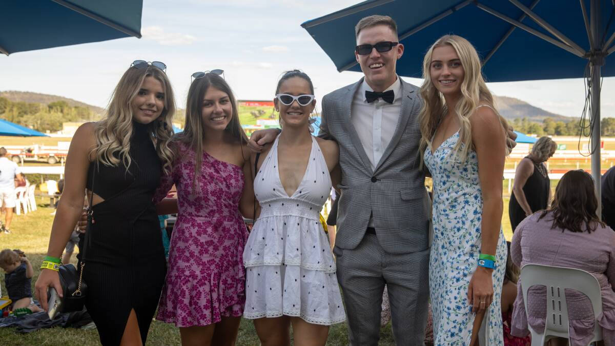 Shae Kruska, Grace Harpley, Claudia Obst, Trent Basham and Tarni Magyar enjoy a day out at the races. Picture: Keegan Carroll