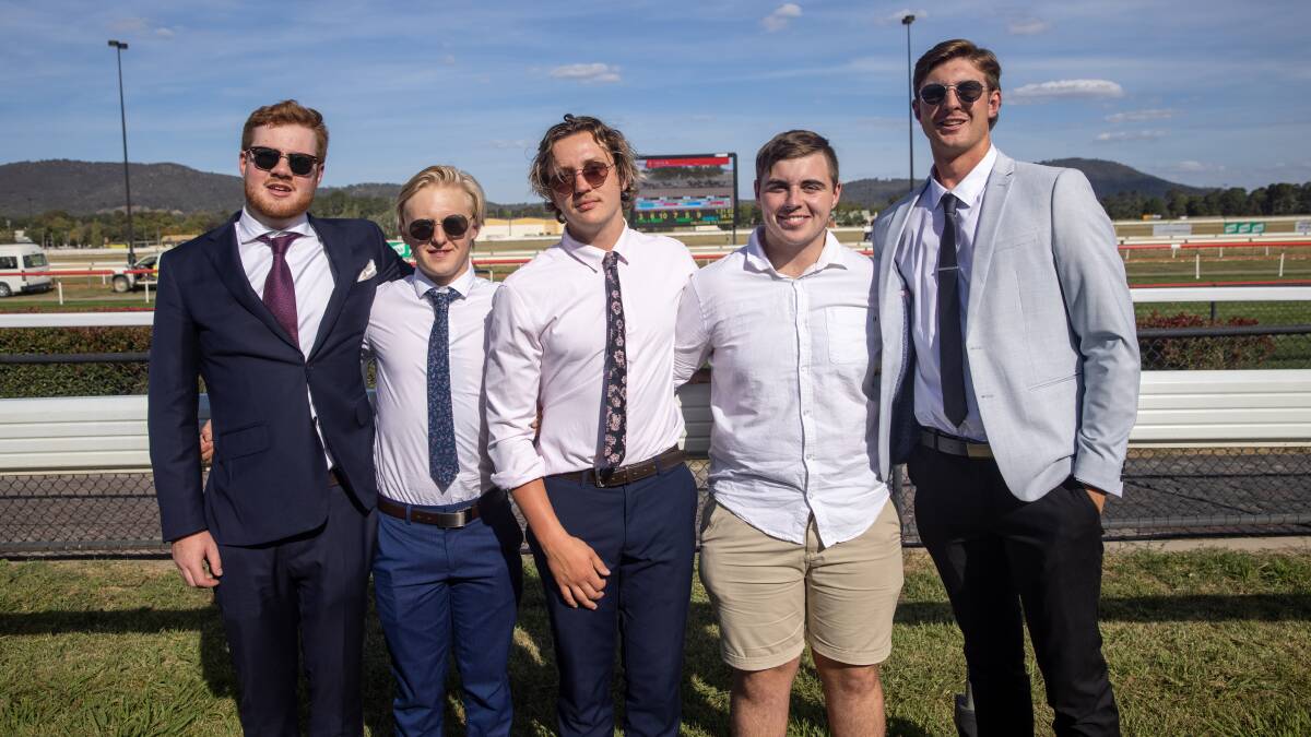 Sam Townsend, Jakeb Holland, Ben Roffe, Kody Collins and Macca Smith trackside at Black Opal Stakes Day. Picture: Keegan Carroll