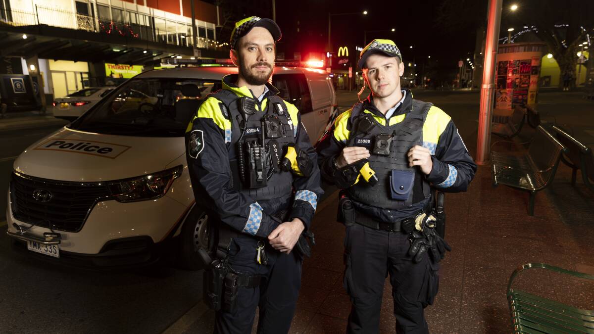 Constable Cameron Breakey and Acting Sergeant Jacob Eiffert on patrol in Civic. Picture: Keegan Carroll