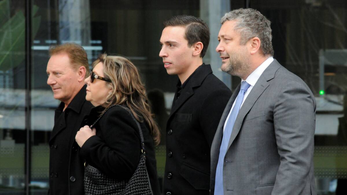 Former Socceroo Sebastian Giampaolo, left, and nephew Dominic Giampaolo, second from right, leave court on Thursday. Picture: Blake Foden