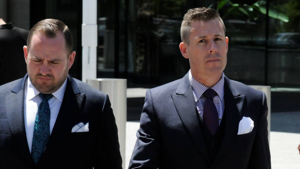 Ben Aulich, right, outside court with business partner Peter Woodhouse. Picture by Blake Foden