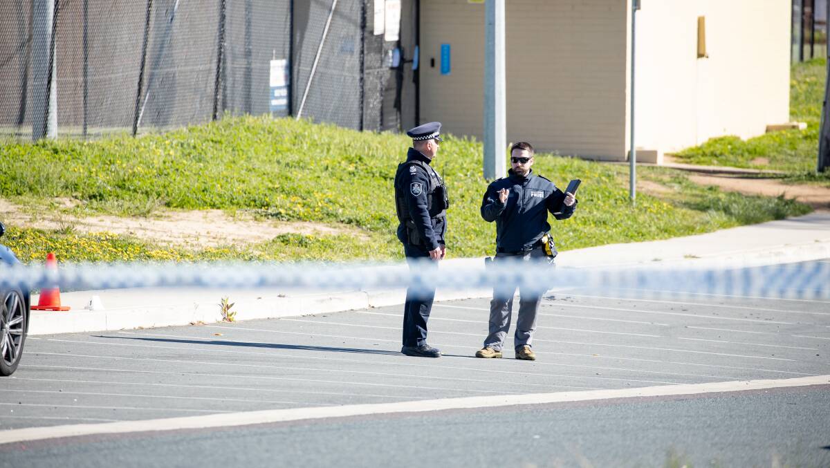 Police officers at the Weston Creek skatepark after the fatal stabbing. Picture: Sitthixay Ditthavong