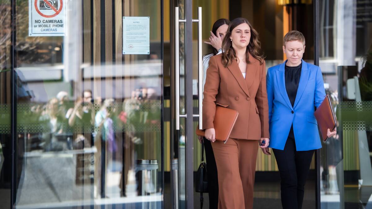 Brittany Higgins, left, with Victims of Crime Commissioner Heidi Yates outside court last year. Picture by Karleen Minney