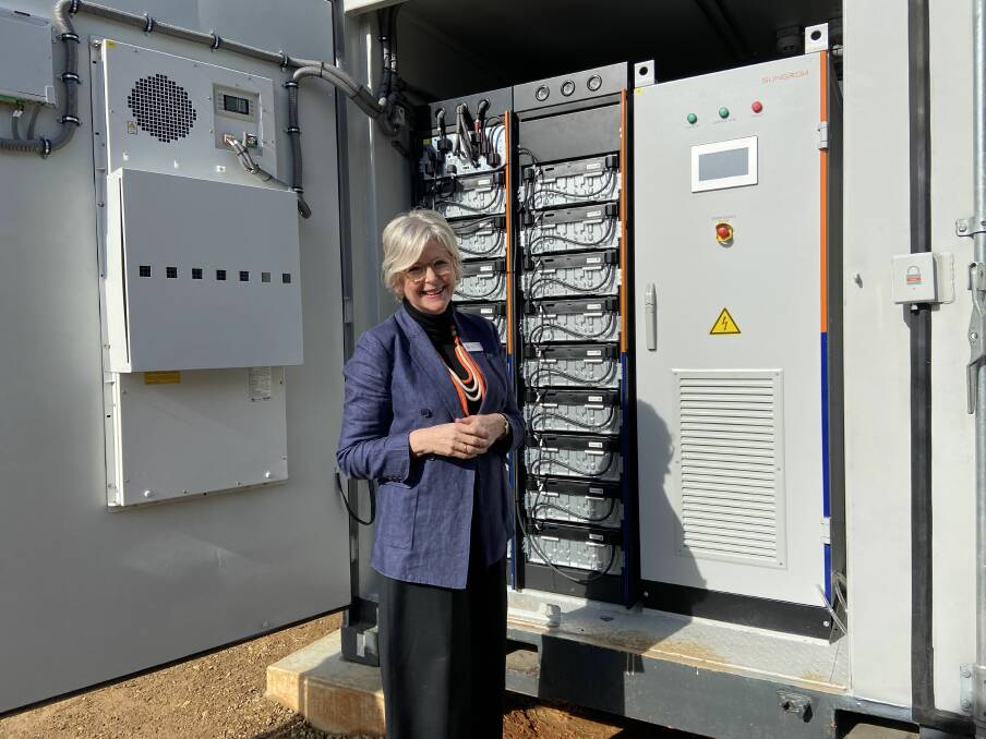  Indi MP Helen Haines in front of the Yackandandah community battery, which could become commonplace across regional Australia if her proposal is approved. 
