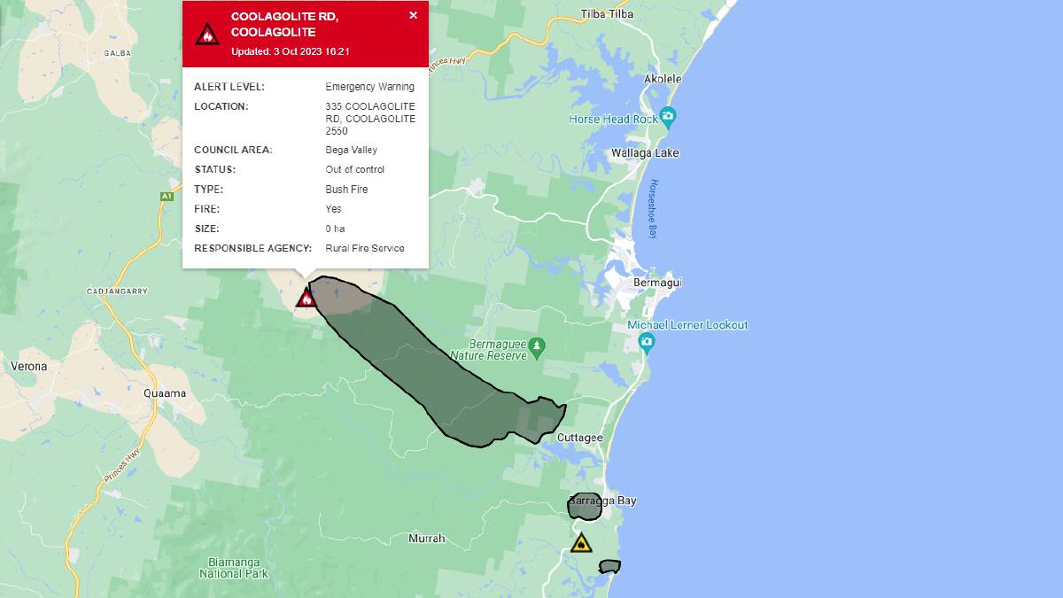 The fire has spread and is impacting properties in Cuttagee and Barragga Bay.