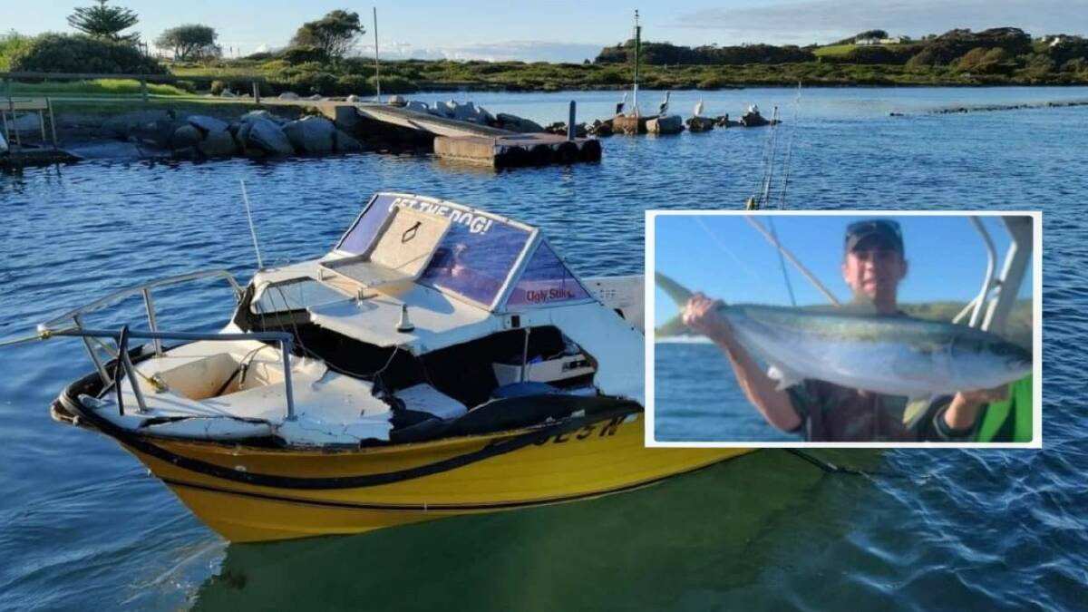 The damaged 4.9 metre cabin runabout and, inset, Narooma teenager Nick was out fishing when the freak accident happened only 500 metres off the coast. Image: Supplied
