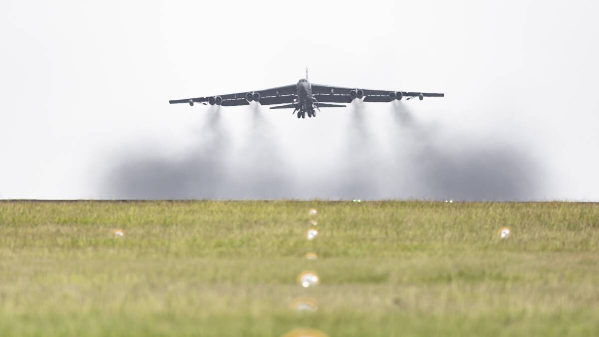 A US Air Force B-52 Stratofortress Bomber takes off from RAAF Base Darwin during a joint exercise. Pictures from Defence Media.