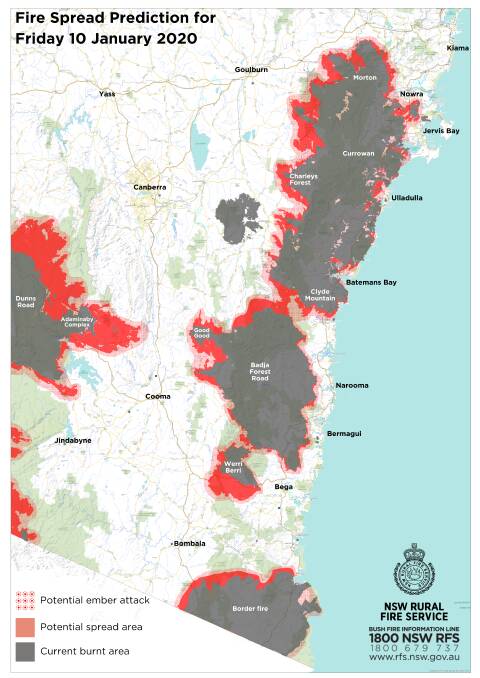 The NSW Rural Fire Service map showing the potential spread of fires near the ACT on Friday.