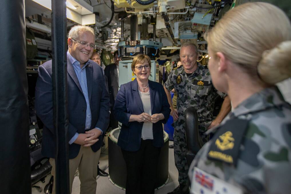 Prime Minister Scott Morrison and Minister for Defence Linda Reynolds on board HMAS Sheean. Picture: Commonwealth of Australia 2019