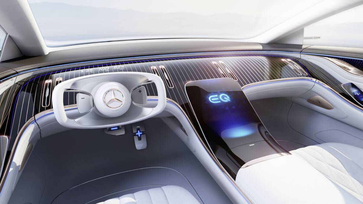 The sci-fi interior of the Mercedes EQS electric concept car. 