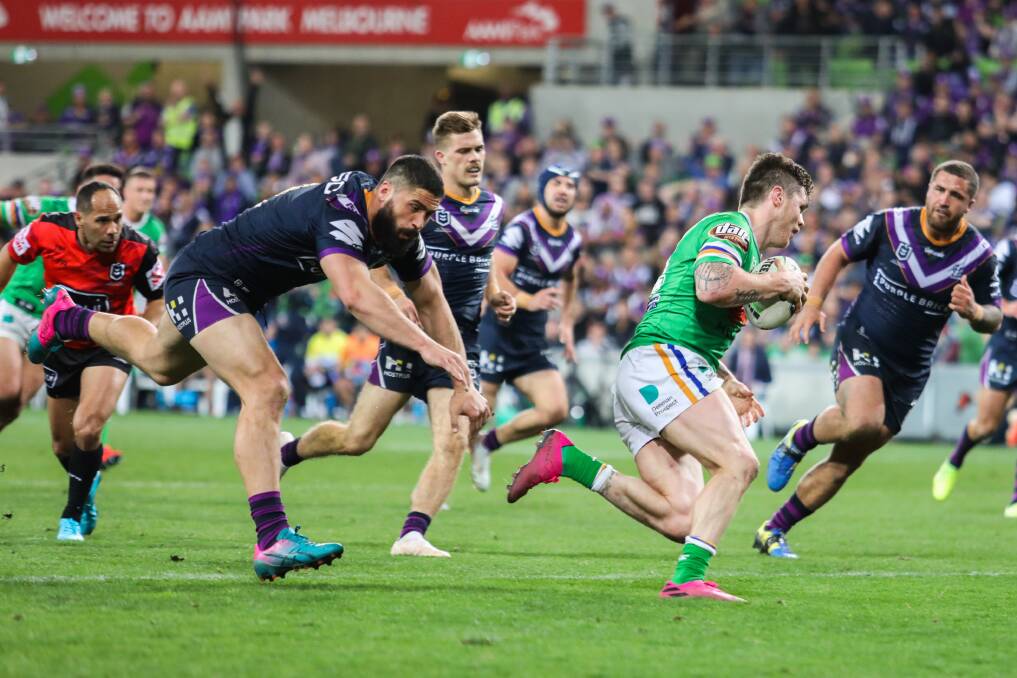 John Bateman on his way to winning the match for the Raiders. Picture: NRL Imagery