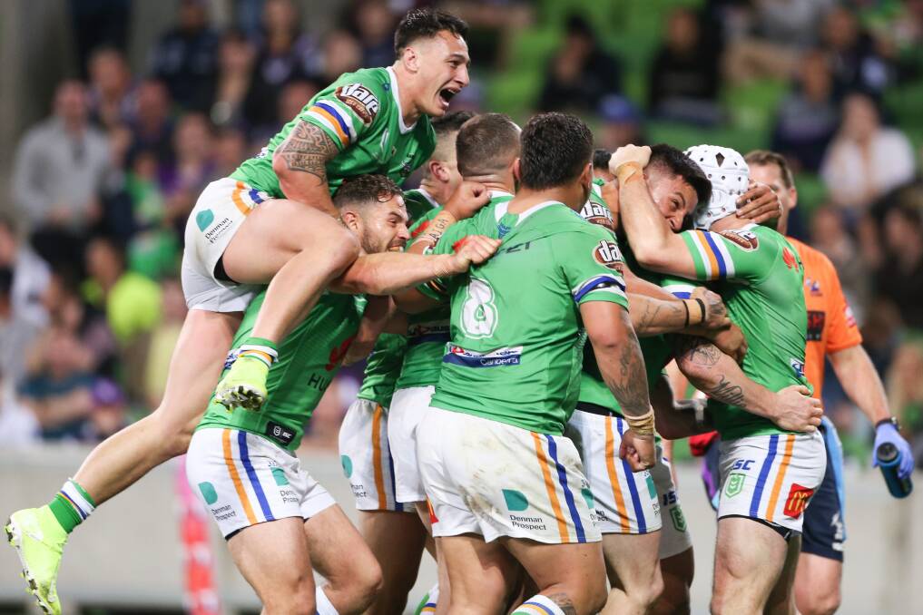 The Raiders celebrate after John Bateman scored the winning try. Picture: NRL Imagery