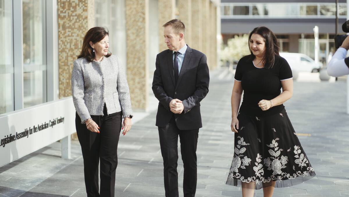 President of ClubsACT Kim Marshall, ACT Gaming Minister Shane Rattenbury, and Founder of The Hope Project Kate Seselja. Picture: Dion Georgopoulos 