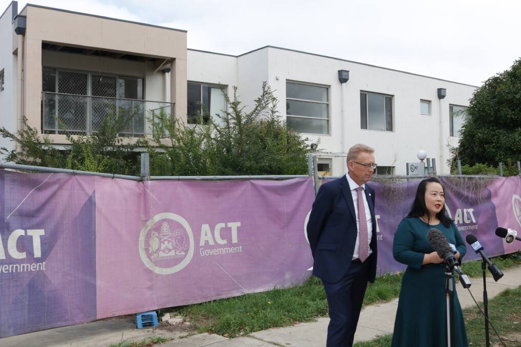 ACT shadow housing spokesman Mark Parton and Opposition Leader Elizabeth Lee at an empty Braddon public housing complex. Picture: Lucy Bladen 