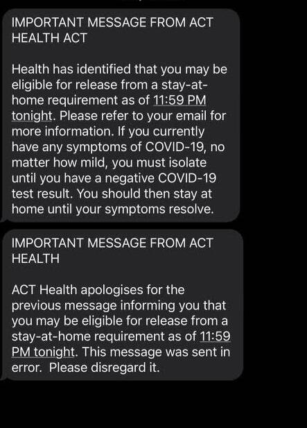 A text message telling people they could be released from stay-at-home orders was mistakenly sent to people on Monday morning. Picture: Supplied