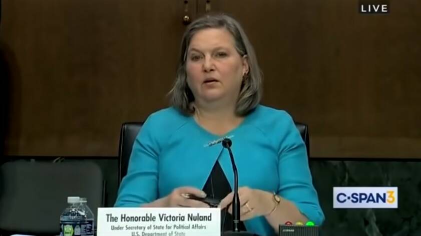 SHE SAID YES: United States Under Secretary of State, Victoria Nuland, confirming Ukraine bio-labs to Senator Rubio. Picture: Foreign Affairs Committee livestream screenshot