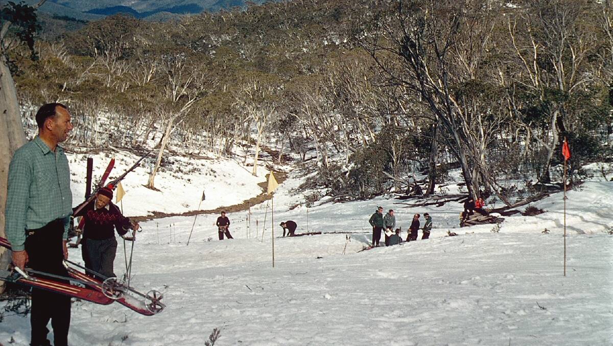 Tim Ingram, left, and George Haynod, coming up the slope at left, and other skiers on the Little Ginini Run, during slalom races in the late 1950s. The road to Mt Ginini can be seen crossing the run. On the horizon is snow-covered Mt Jagungal in the Snowy Mountains. Picture: Canberra Alpine Club Franklin Collection - Colin Watson