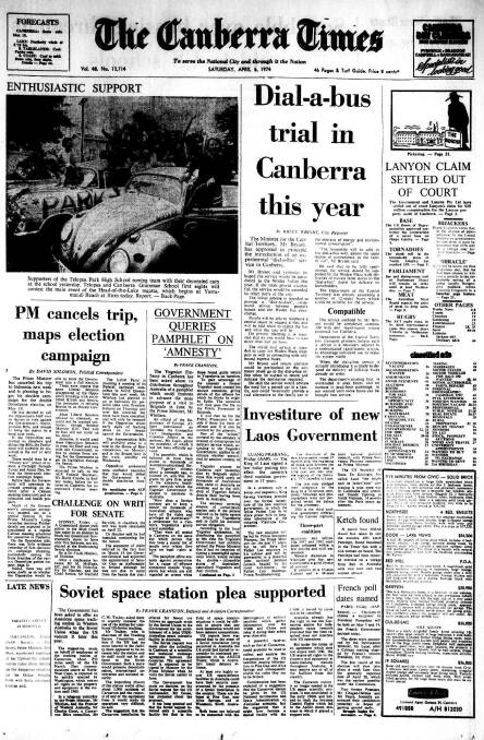 The front page of The Canberra Times on April 6, 1974.