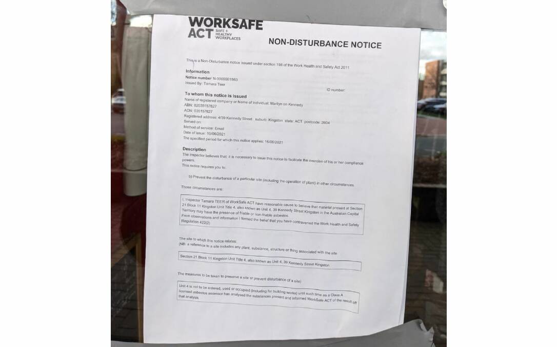 The non-disturbance notice issued by WorkSafe ACT. Picture: Supplied