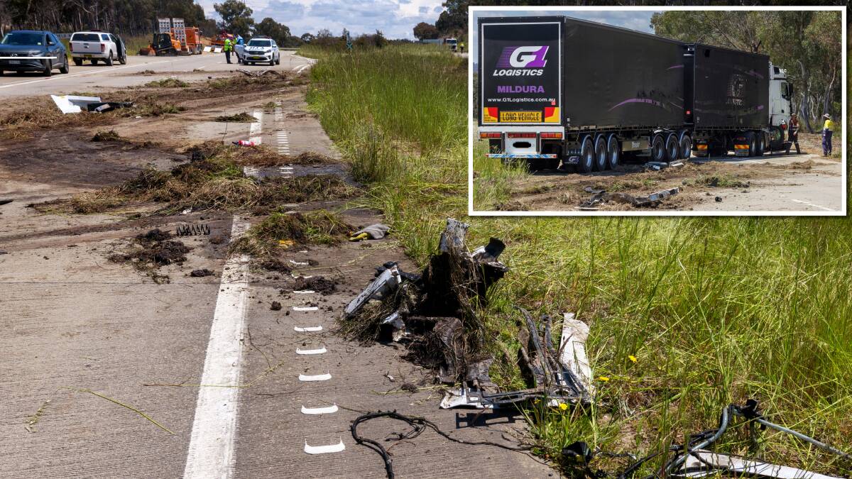 The scene of the fatal crash on the Federal Highway, and a semi-trailer that was involved. Pictures by Sitthixay Ditthavong