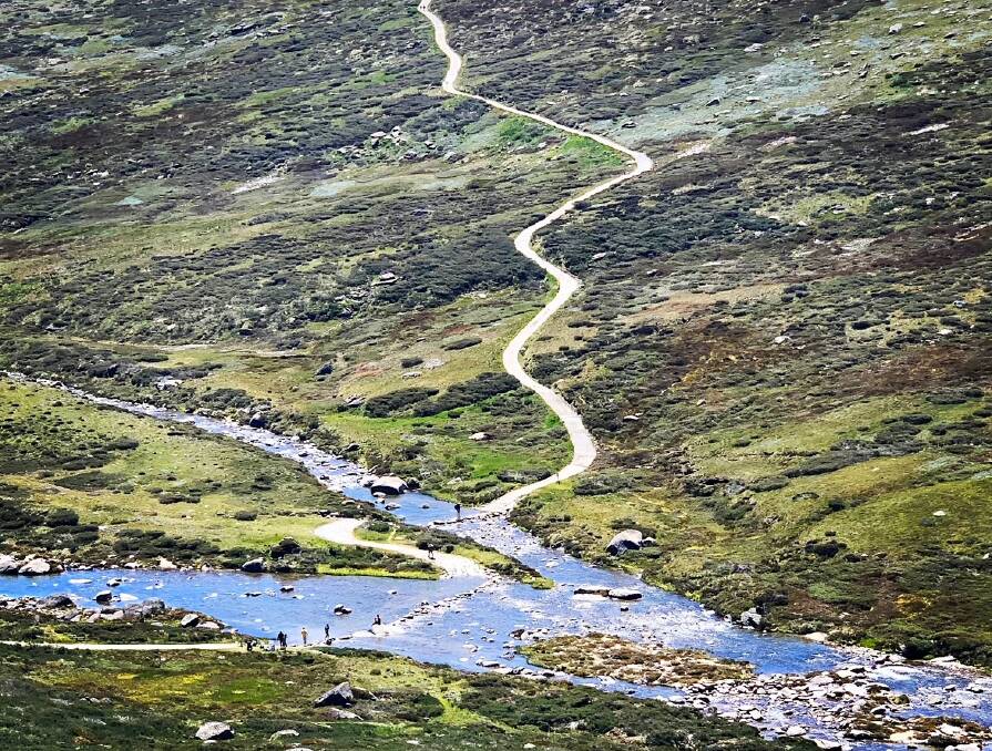 The track towards Blue Lake snakes up from the Snowy River near Charlotte Pass. Picture: Tim the Yowie Man